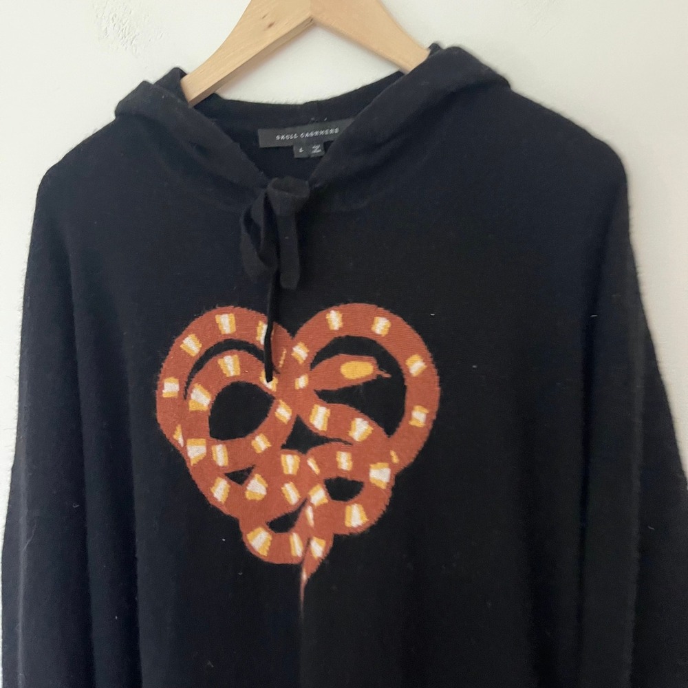 Skull Cashmere Black Snake Boa Heart Intarsia Knit Hoodie Large Wool Cashmere